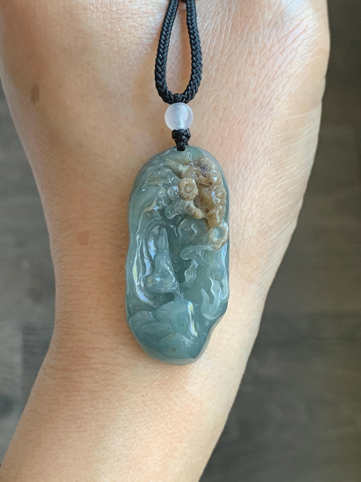 Natural Grade A Guatemalan Icy Dusty Blue & Brown Bicolored Jade Jadeite Kind and Evil Pendant Rope Necklace 28g 天然冰危淡蓝皮壳翡翠一念之间吊坠 WSL350B