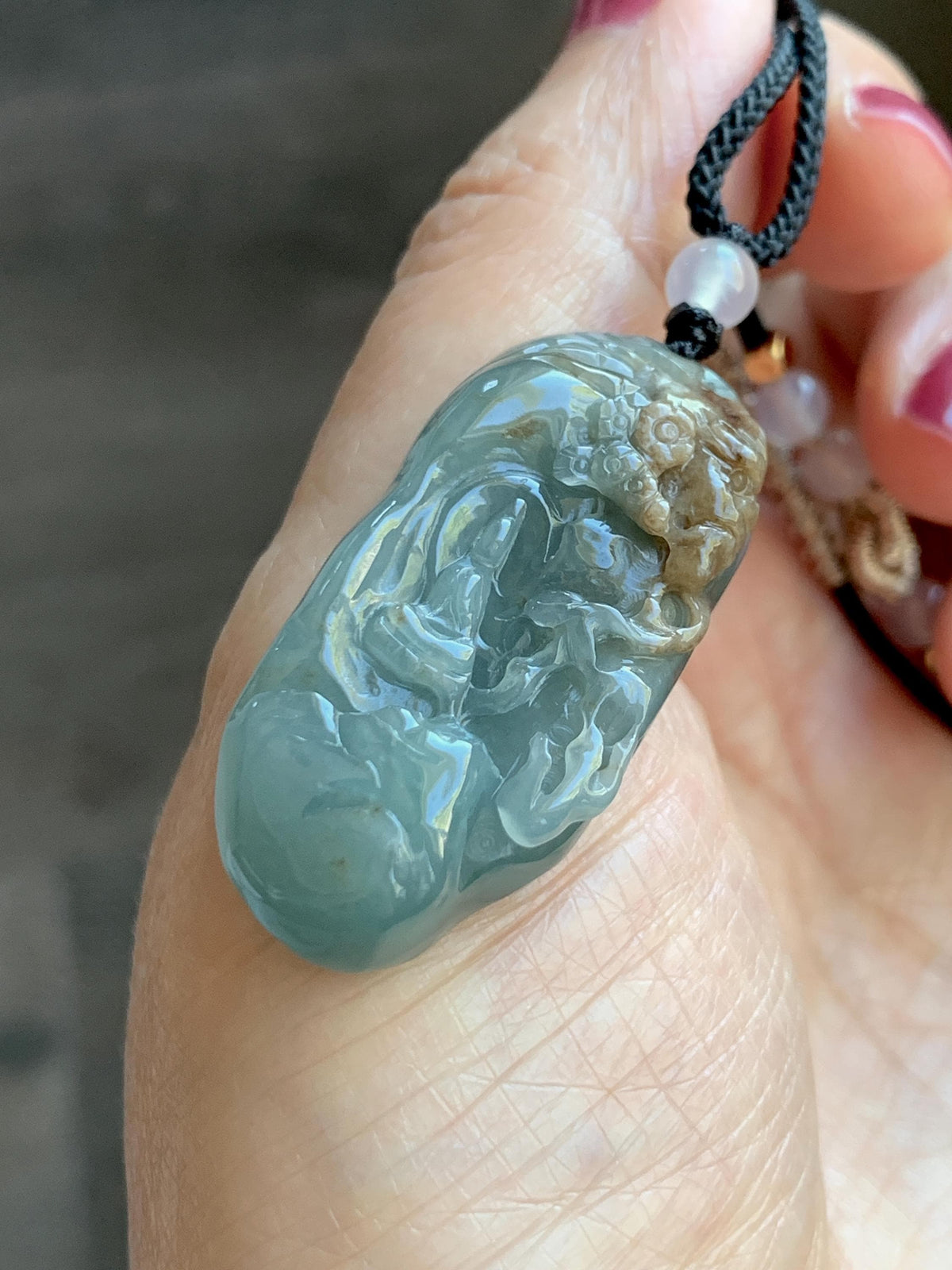 Natural Grade A Guatemalan Icy Dusty Blue & Brown Bicolored Jade Jadeite Kind and Evil Pendant Rope Necklace 28g 天然冰危淡蓝皮壳翡翠一念之间吊坠 WSL350B