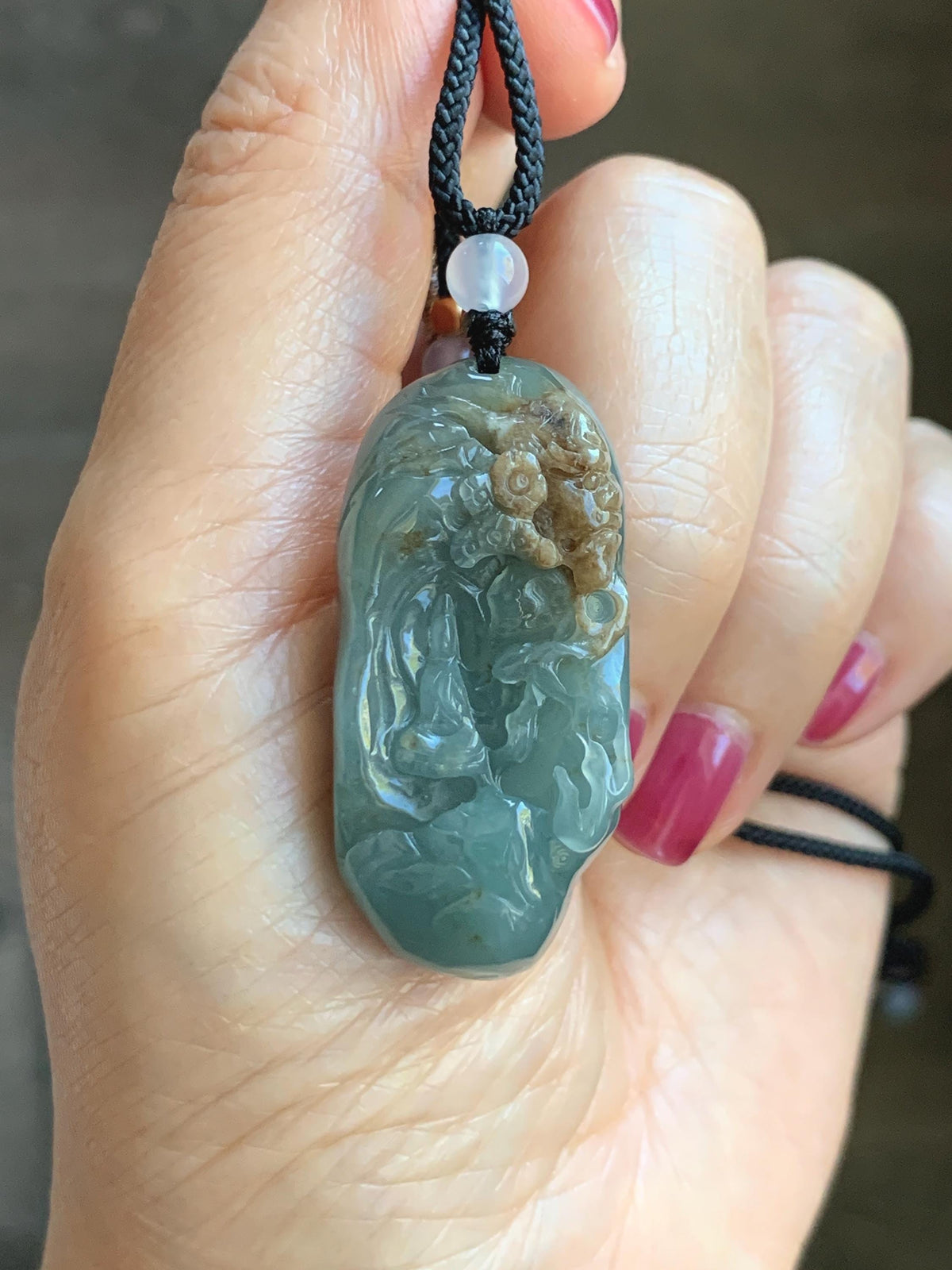 Natural Grade A Guatemalan Icy Dusty Blue & Brown Bicolored Jade Jadeite Kind and Evil Pendant Rope Necklace 28g 天然冰危淡蓝皮壳翡翠一念之间吊坠 WSL350B