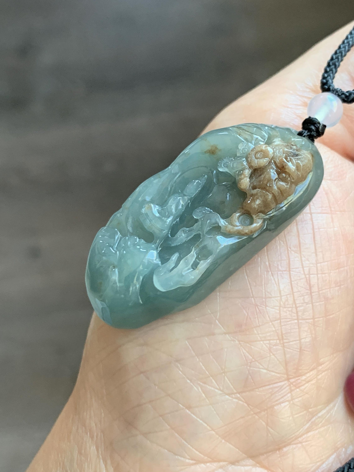 Natural Grade A Guatemalan Icy Dusty Blue & Brown Bicolored Jade Jadeite Kind and Evil Pendant Rope Necklace 28g 天然冰危淡蓝皮壳翡翠一念之间吊坠 WSL350B