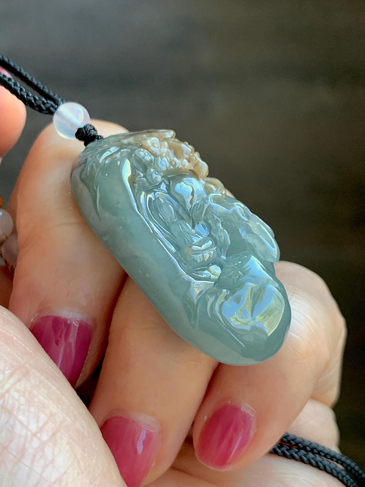Natural Grade A Guatemalan Icy Dusty Blue & Brown Bicolored Jade Jadeite Kind and Evil Pendant Rope Necklace 28g 天然冰危淡蓝皮壳翡翠一念之间吊坠 WSL350B