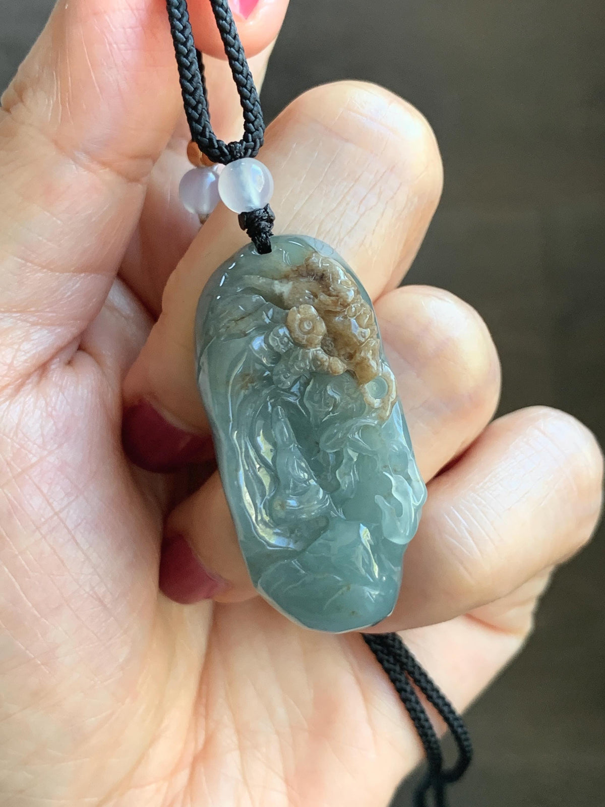 Natural Grade A Guatemalan Icy Dusty Blue & Brown Bicolored Jade Jadeite Kind and Evil Pendant Rope Necklace 28g 天然冰危淡蓝皮壳翡翠一念之间吊坠 WSL350B
