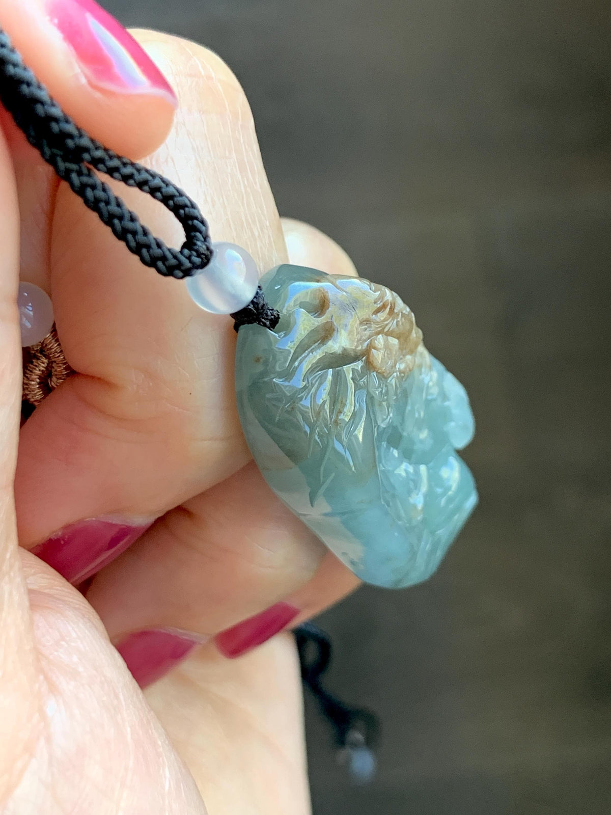Natural Grade A Guatemalan Icy Dusty Blue & Brown Bicolored Jade Jadeite Kind and Evil Pendant Rope Necklace 28g 天然冰危淡蓝皮壳翡翠一念之间吊坠 WSL350B