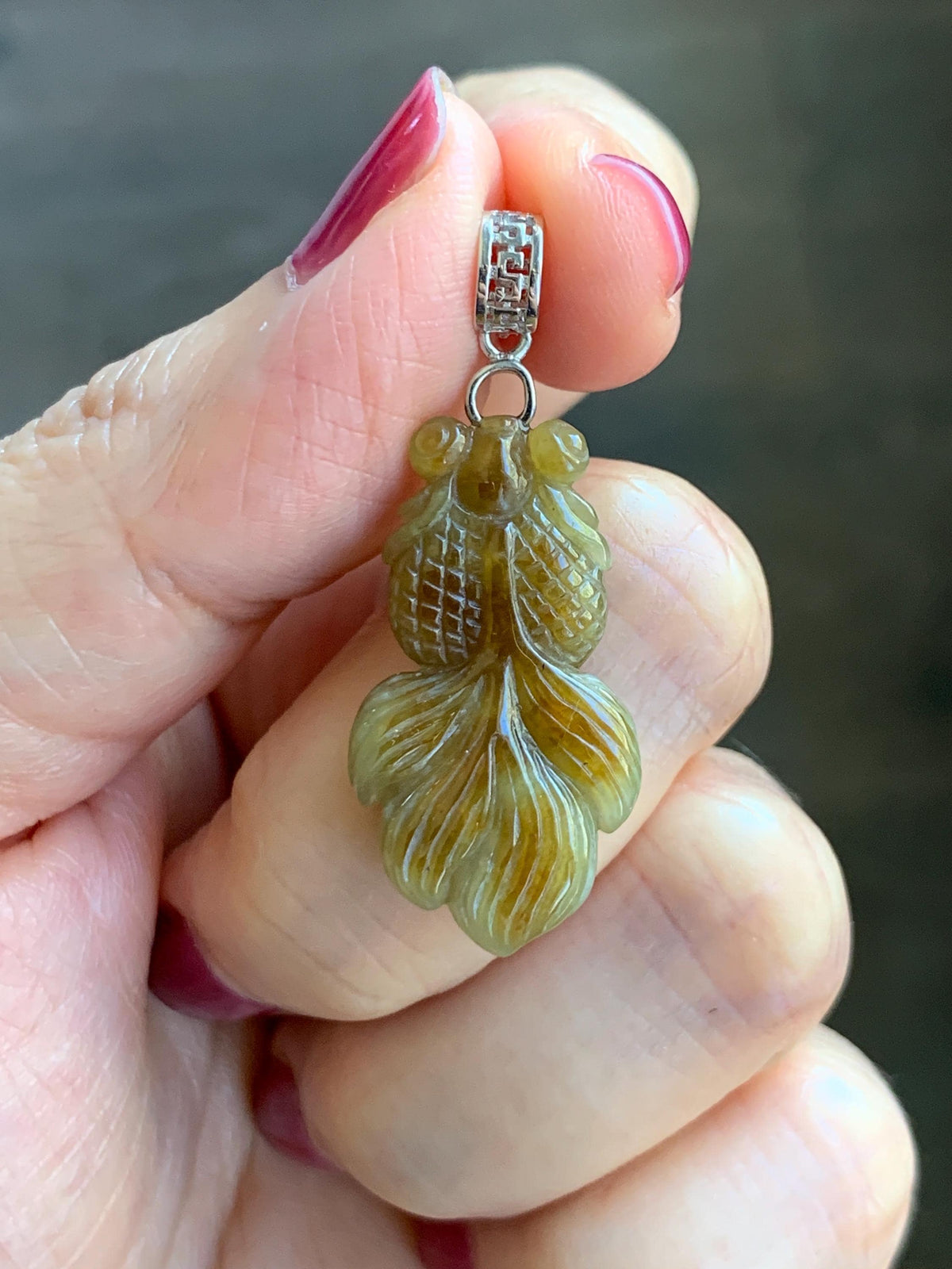 Natural Grade A Icy Translucent Dark Yellow Marbled Jade Jadeite Carved Goldfish Pendant Sterling Silver 4g 天然冰黄翡翠金鱼吊坠 MJY175B