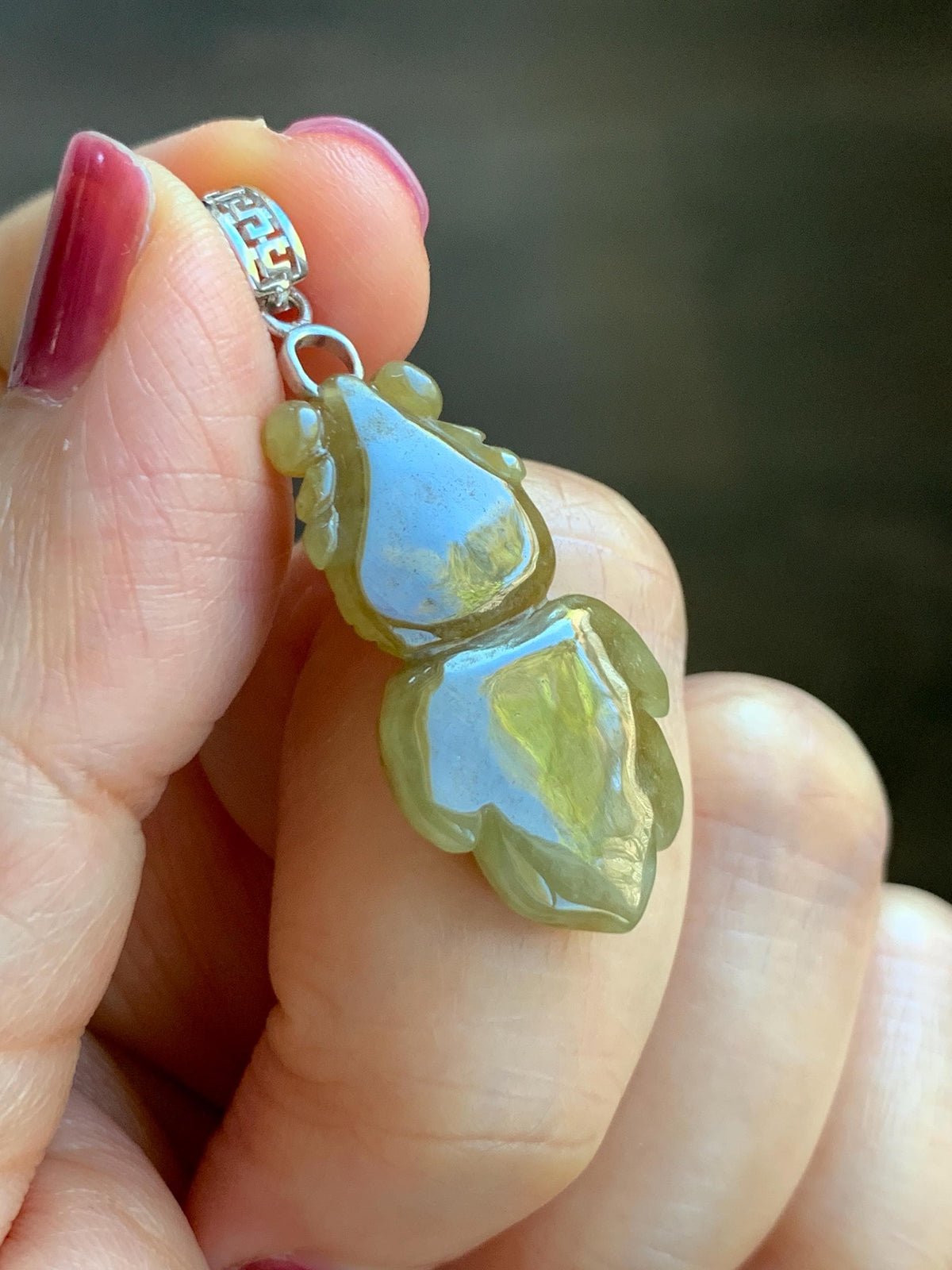 Natural Grade A Icy Translucent Dark Yellow Marbled Jade Jadeite Carved Goldfish Pendant Sterling Silver 4g 天然冰黄翡翠金鱼吊坠 MJY175B