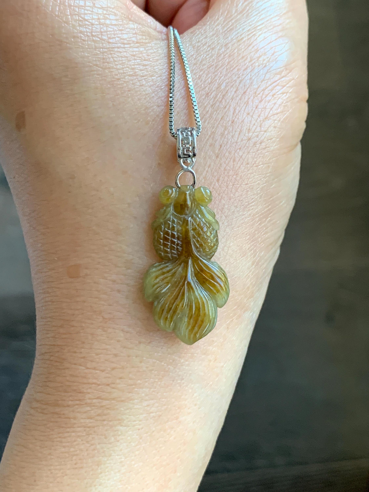 Natural Grade A Icy Translucent Dark Yellow Marbled Jade Jadeite Carved Goldfish Pendant Sterling Silver 4g 天然冰黄翡翠金鱼吊坠 MJY175B