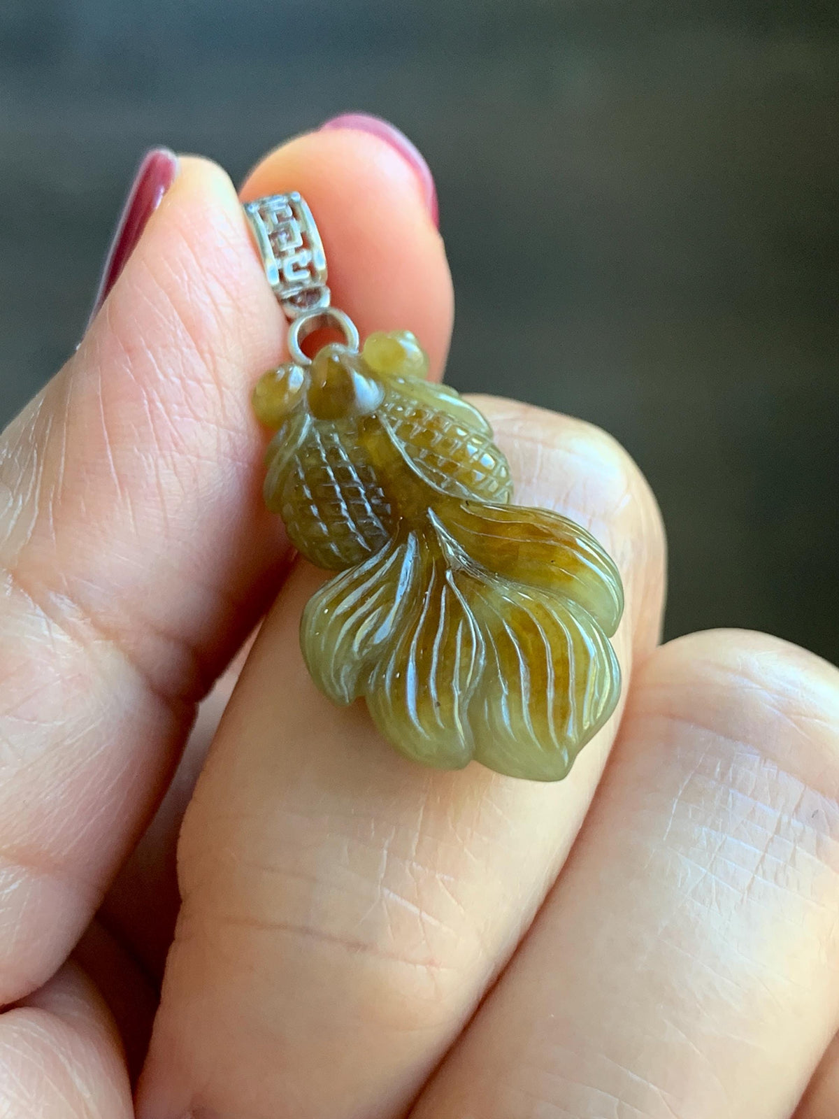Natural Grade A Icy Translucent Dark Yellow Marbled Jade Jadeite Carved Goldfish Pendant Sterling Silver 4g 天然冰黄翡翠金鱼吊坠 MJY175B