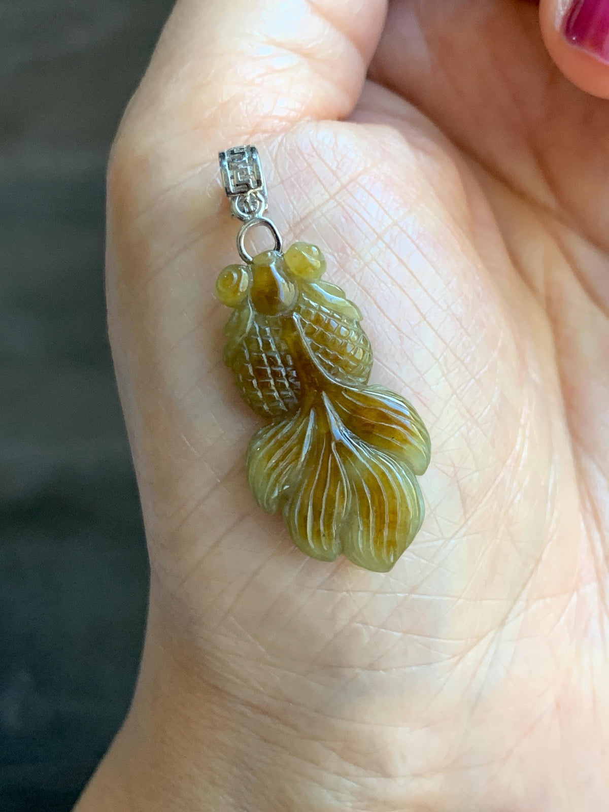 Natural Grade A Icy Translucent Dark Yellow Marbled Jade Jadeite Carved Goldfish Pendant Sterling Silver 4g 天然冰黄翡翠金鱼吊坠 MJY175B