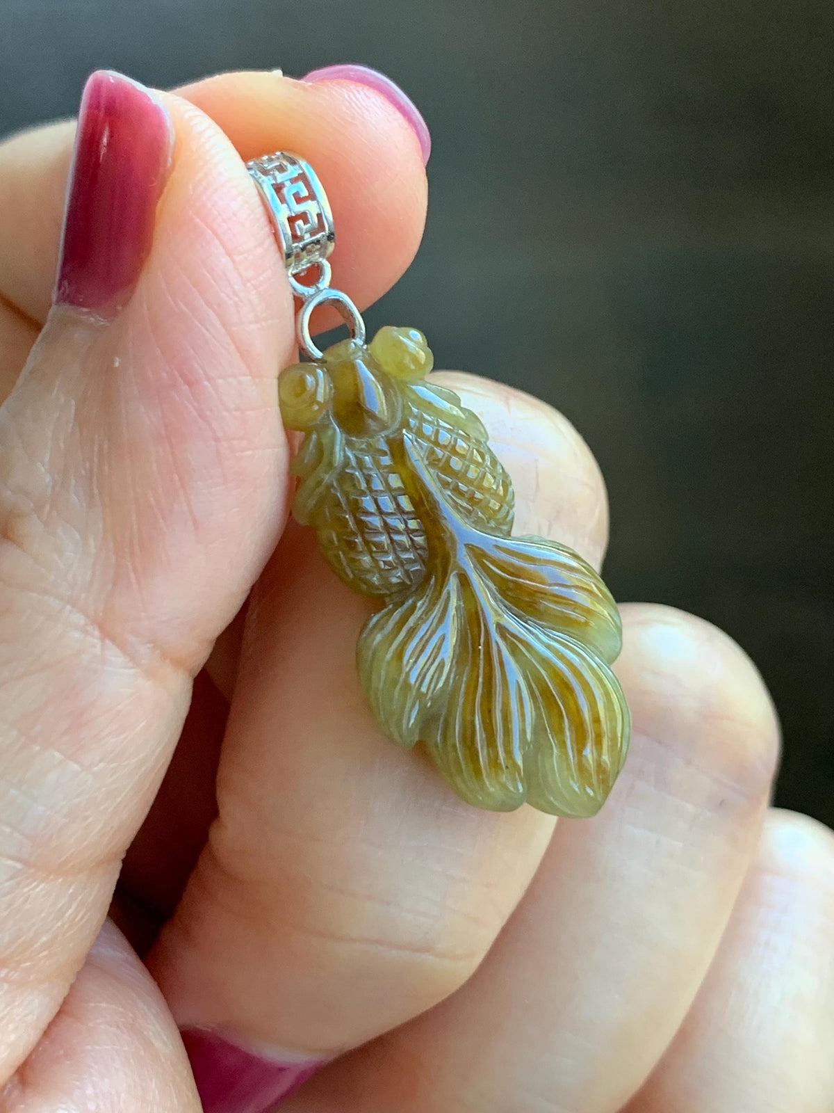 Natural Grade A Icy Translucent Dark Yellow Marbled Jade Jadeite Carved Goldfish Pendant Sterling Silver 4g 天然冰黄翡翠金鱼吊坠 MJY175B