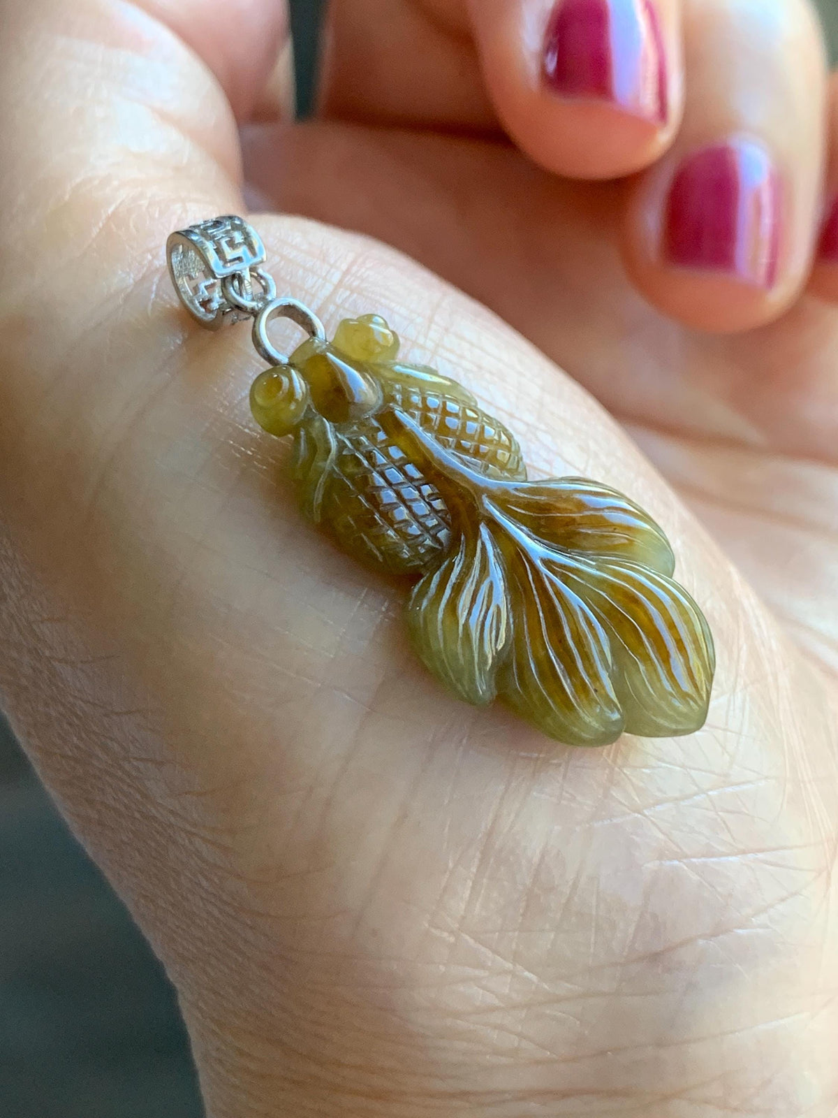 Natural Grade A Icy Translucent Dark Yellow Marbled Jade Jadeite Carved Goldfish Pendant Sterling Silver 4g 天然冰黄翡翠金鱼吊坠 MJY175B