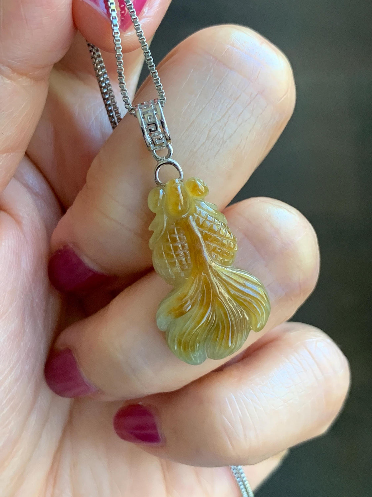 Natural Grade A Icy Translucent Dark Yellow Marbled Jade Jadeite Carved Goldfish Pendant Sterling Silver 3g 天然冰黄翡翠金鱼吊坠 MJY175A