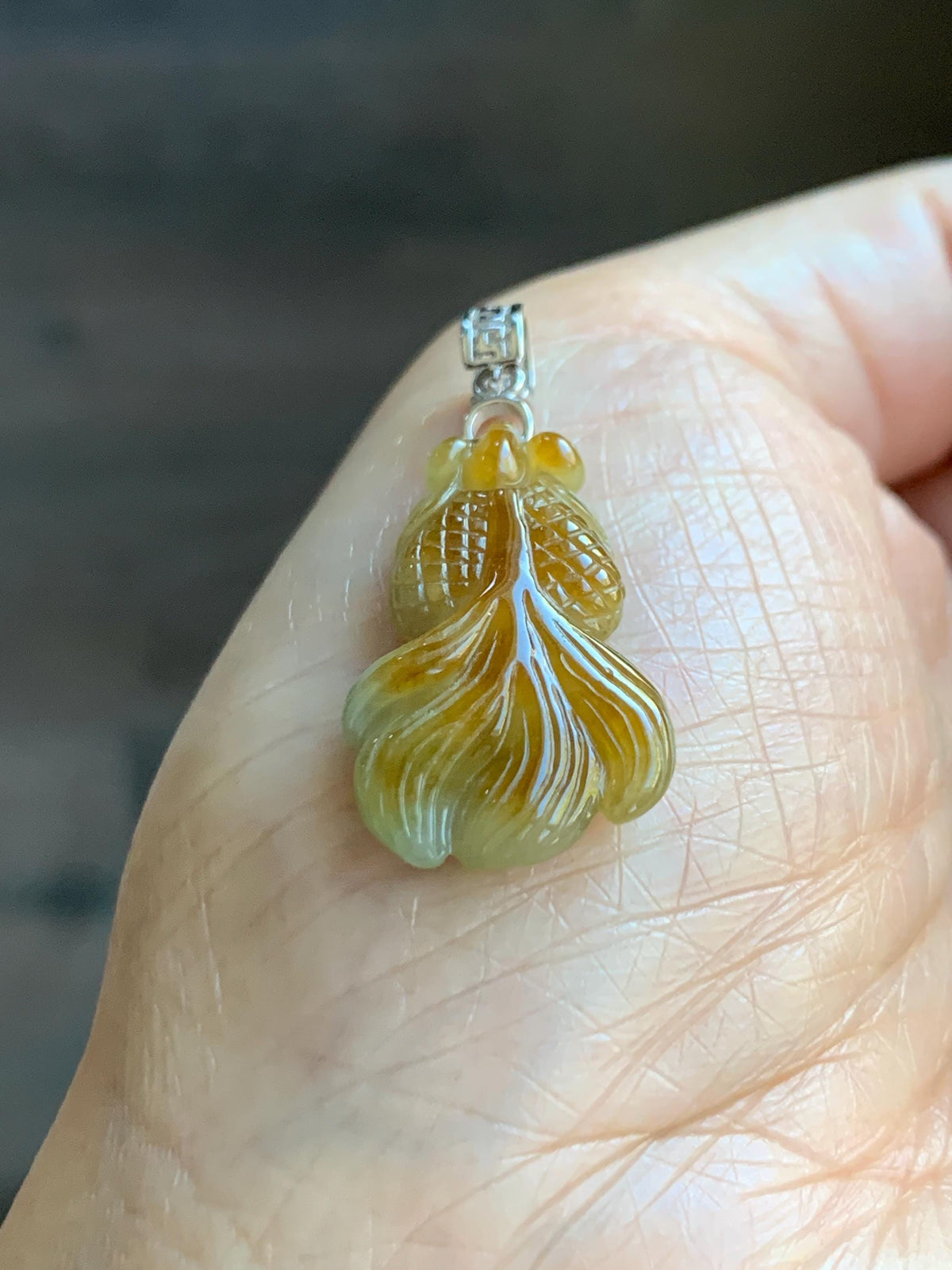 Natural Grade A Icy Translucent Dark Yellow Marbled Jade Jadeite Carved Goldfish Pendant Sterling Silver 3g 天然冰黄翡翠金鱼吊坠 MJY175A