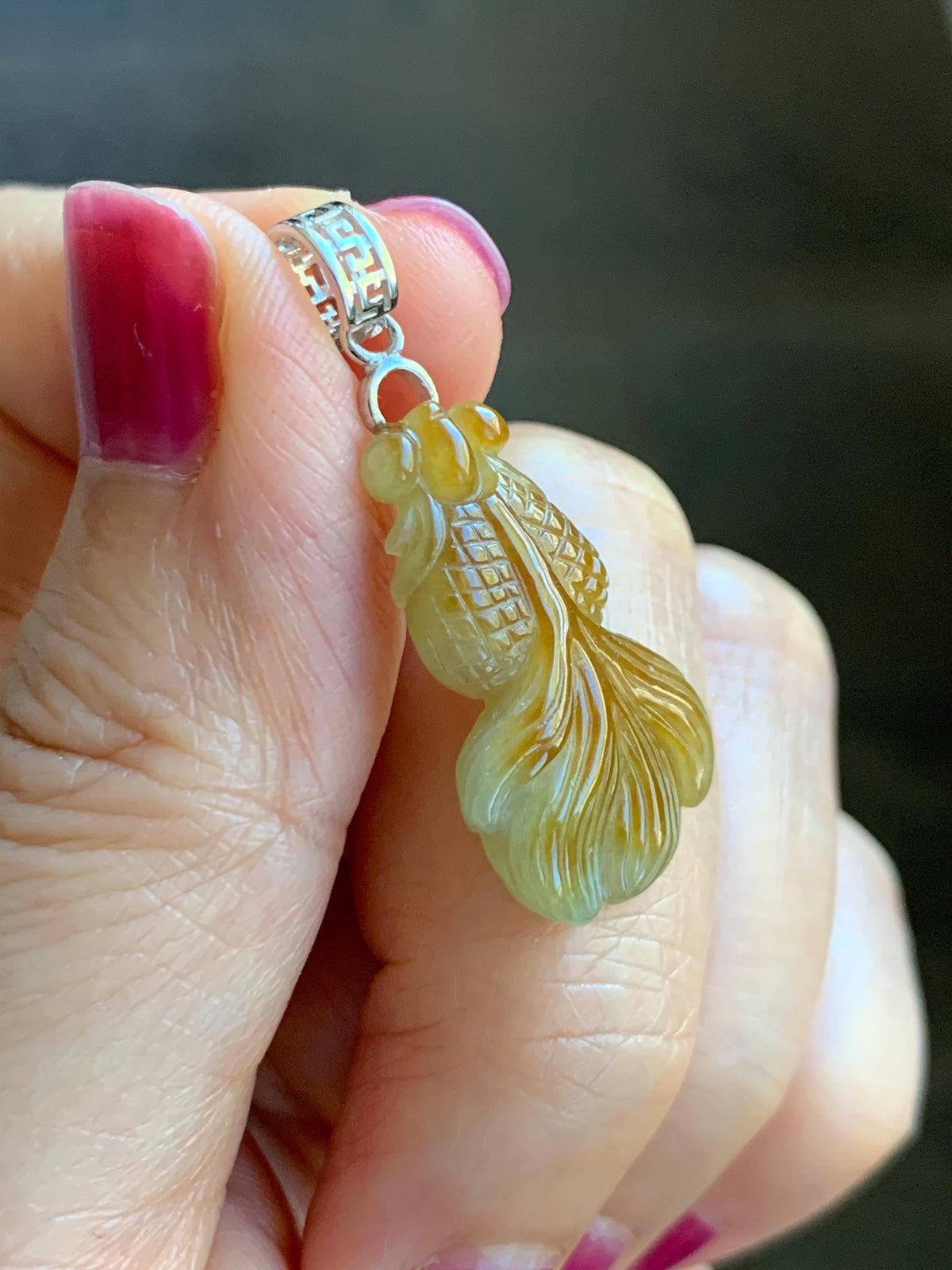 Natural Grade A Icy Translucent Dark Yellow Marbled Jade Jadeite Carved Goldfish Pendant Sterling Silver 3g 天然冰黄翡翠金鱼吊坠 MJY175A