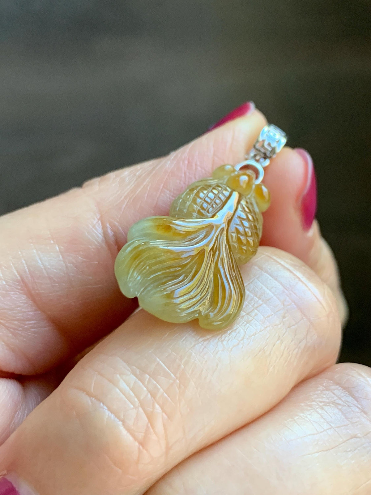 Natural Grade A Icy Translucent Dark Yellow Marbled Jade Jadeite Carved Goldfish Pendant Sterling Silver 3g 天然冰黄翡翠金鱼吊坠 MJY175A