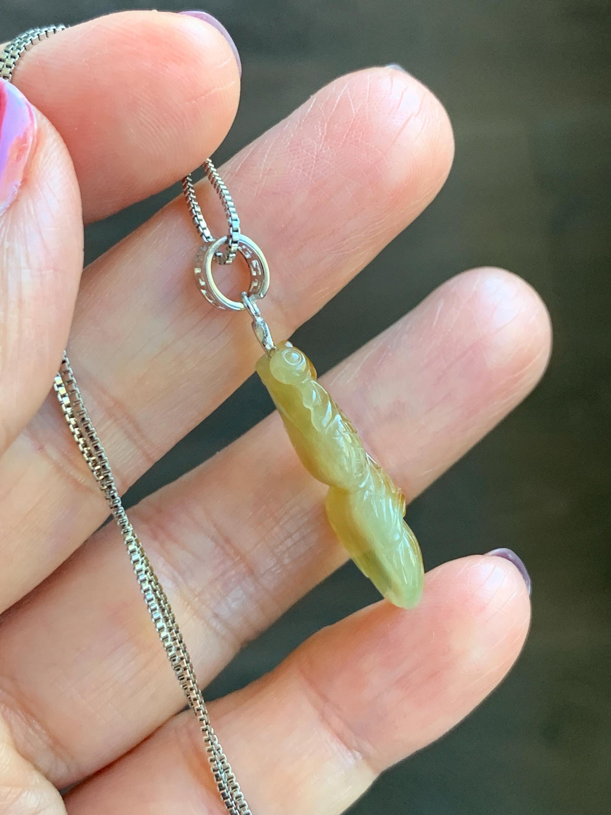 Natural Grade A Icy Translucent Dark Yellow Marbled Jade Jadeite Carved Goldfish Pendant Sterling Silver 3g 天然冰黄翡翠金鱼吊坠 MJY175A