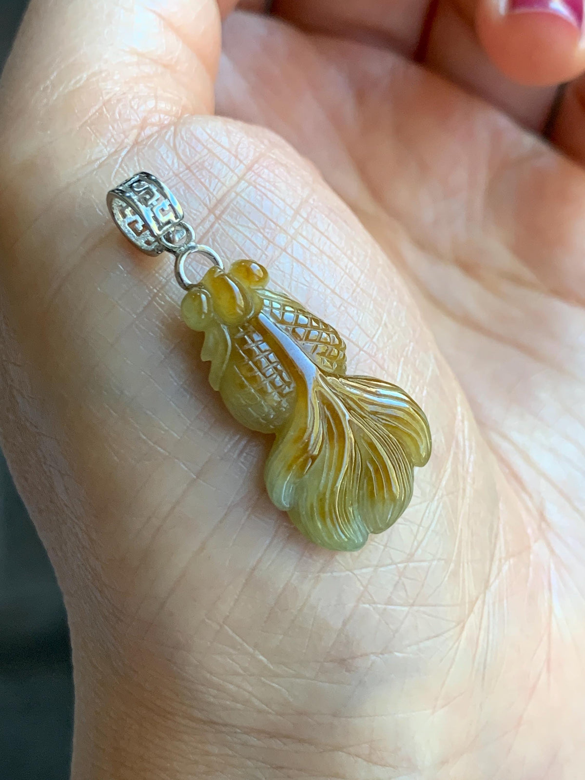 Natural Grade A Icy Translucent Dark Yellow Marbled Jade Jadeite Carved Goldfish Pendant Sterling Silver 3g 天然冰黄翡翠金鱼吊坠 MJY175A