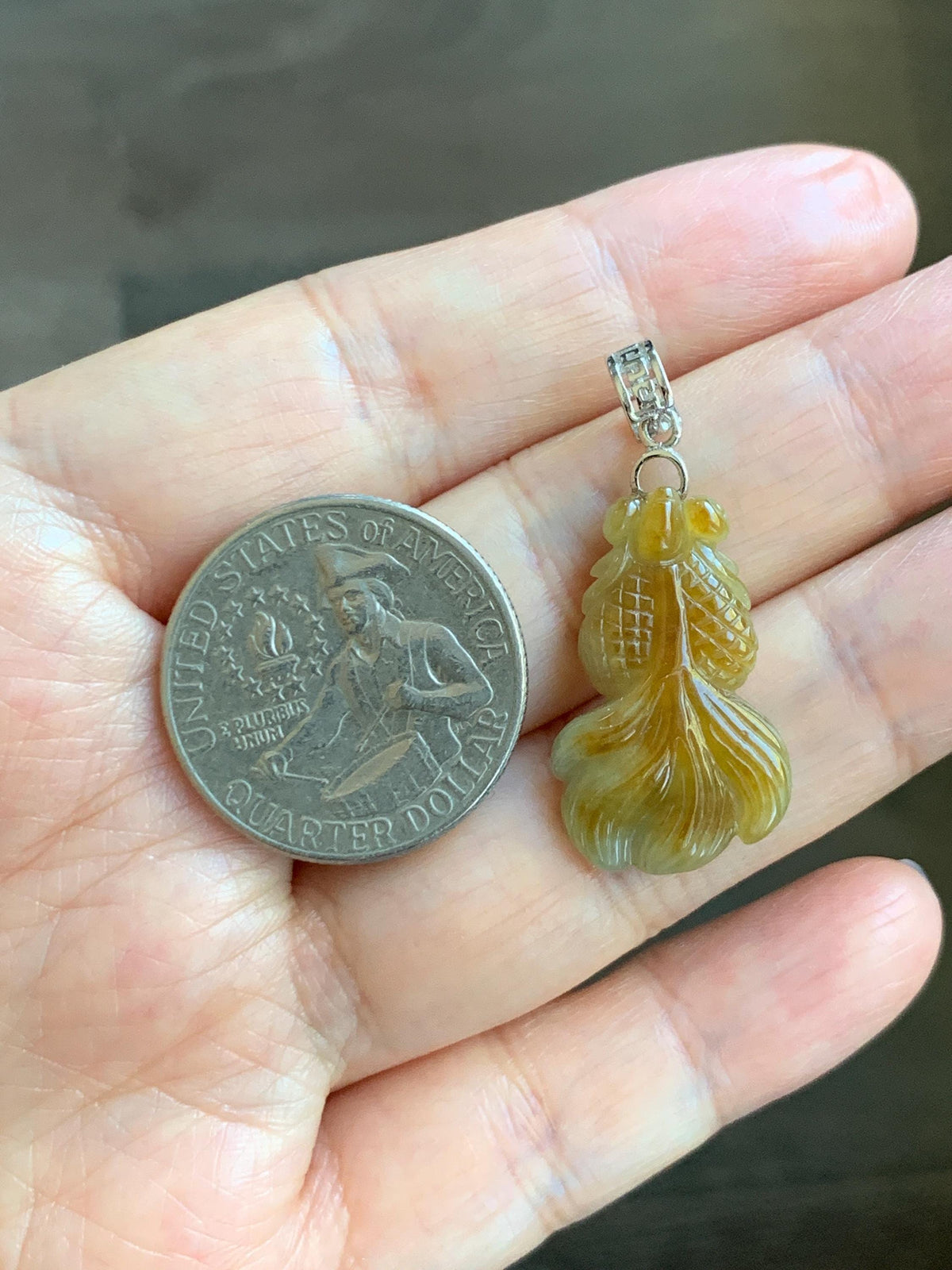 Natural Grade A Icy Translucent Dark Yellow Marbled Jade Jadeite Carved Goldfish Pendant Sterling Silver 3g 天然冰黄翡翠金鱼吊坠 MJY175A
