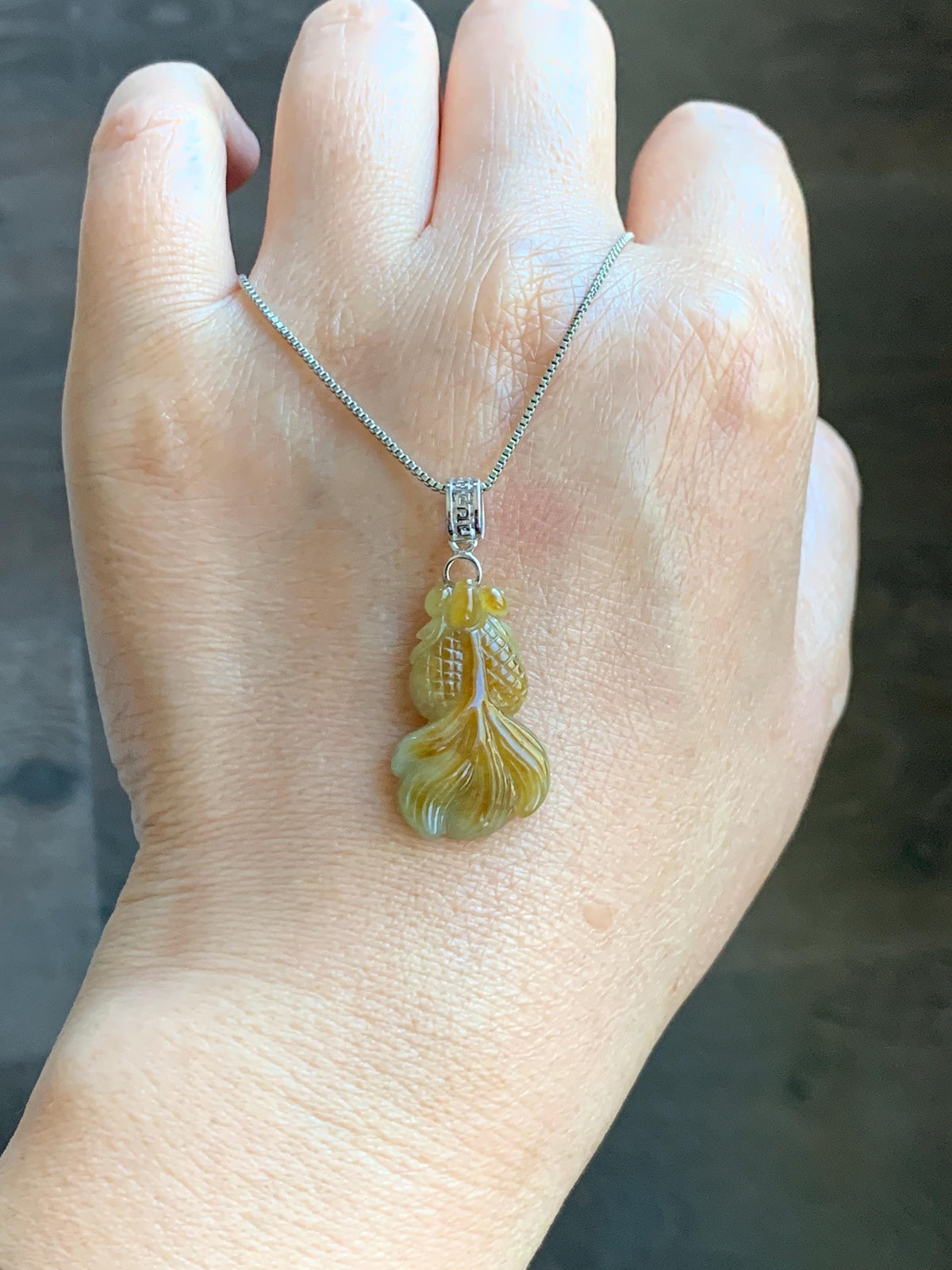 Natural Grade A Icy Translucent Dark Yellow Marbled Jade Jadeite Carved Goldfish Pendant Sterling Silver 3g 天然冰黄翡翠金鱼吊坠 MJY175A