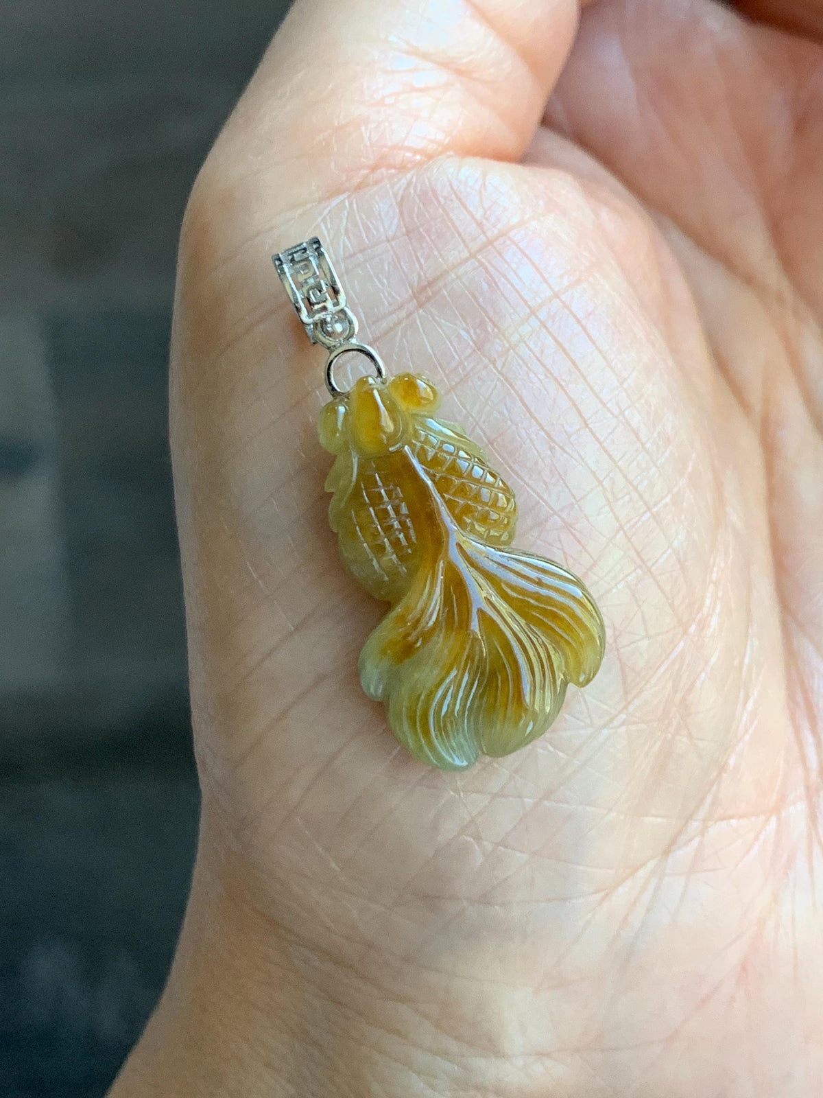 Natural Grade A Icy Translucent Dark Yellow Marbled Jade Jadeite Carved Goldfish Pendant Sterling Silver 3g 天然冰黄翡翠金鱼吊坠 MJY175A