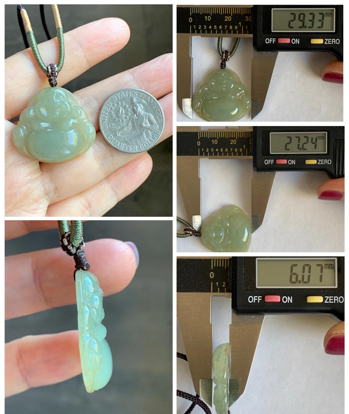Natural Grade A Icy Translucent Dark Greenish Beige Jade Jadeite Buddha Pendant Rope Necklace 24” 9g 天然冰黄翡翠佛公吊坠 MHF165