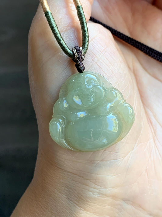 Natural Grade A Icy Translucent Dark Greenish Beige Jade Jadeite Buddha Pendant Rope Necklace 24” 9g 天然冰黄翡翠佛公吊坠 MHF165