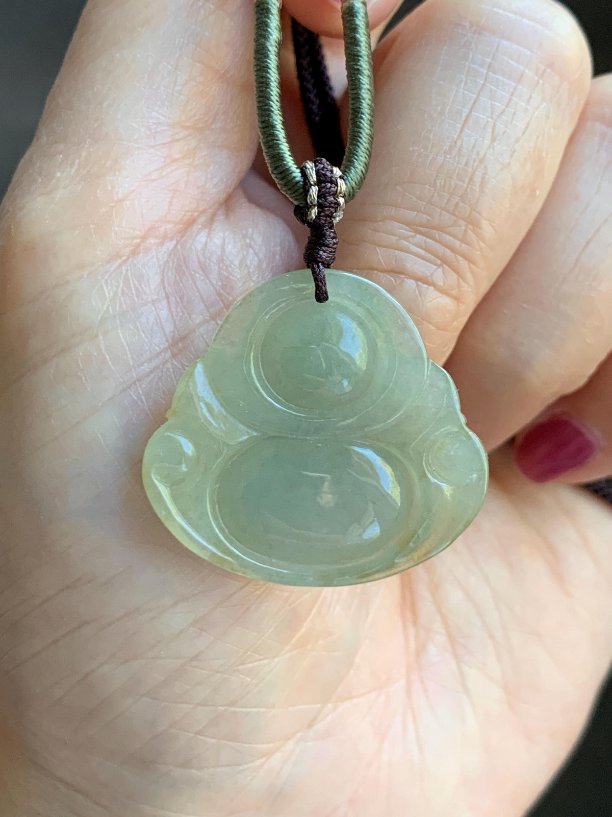 Natural Grade A Icy Translucent Dark Greenish Beige Jade Jadeite Buddha Pendant Rope Necklace 24” 9g 天然冰黄翡翠佛公吊坠 MHF165