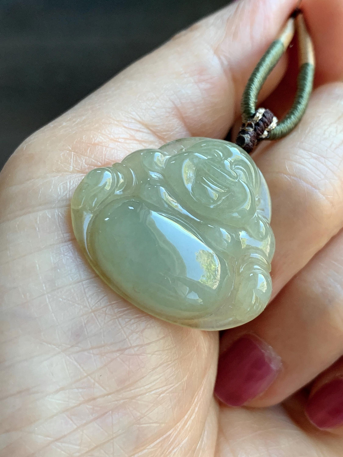 Natural Grade A Icy Translucent Dark Greenish Beige Jade Jadeite Buddha Pendant Rope Necklace 24” 9g 天然冰黄翡翠佛公吊坠 MHF165