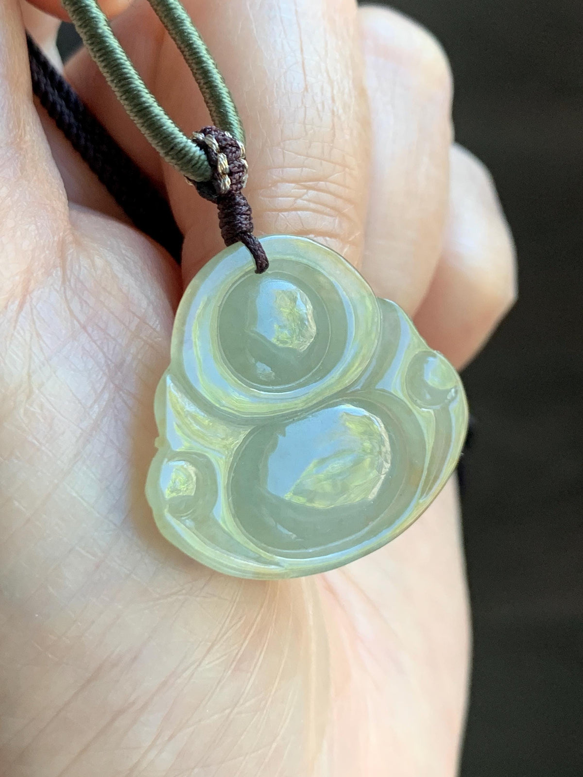 Natural Grade A Icy Translucent Dark Greenish Beige Jade Jadeite Buddha Pendant Rope Necklace 24” 9g 天然冰黄翡翠佛公吊坠 MHF165