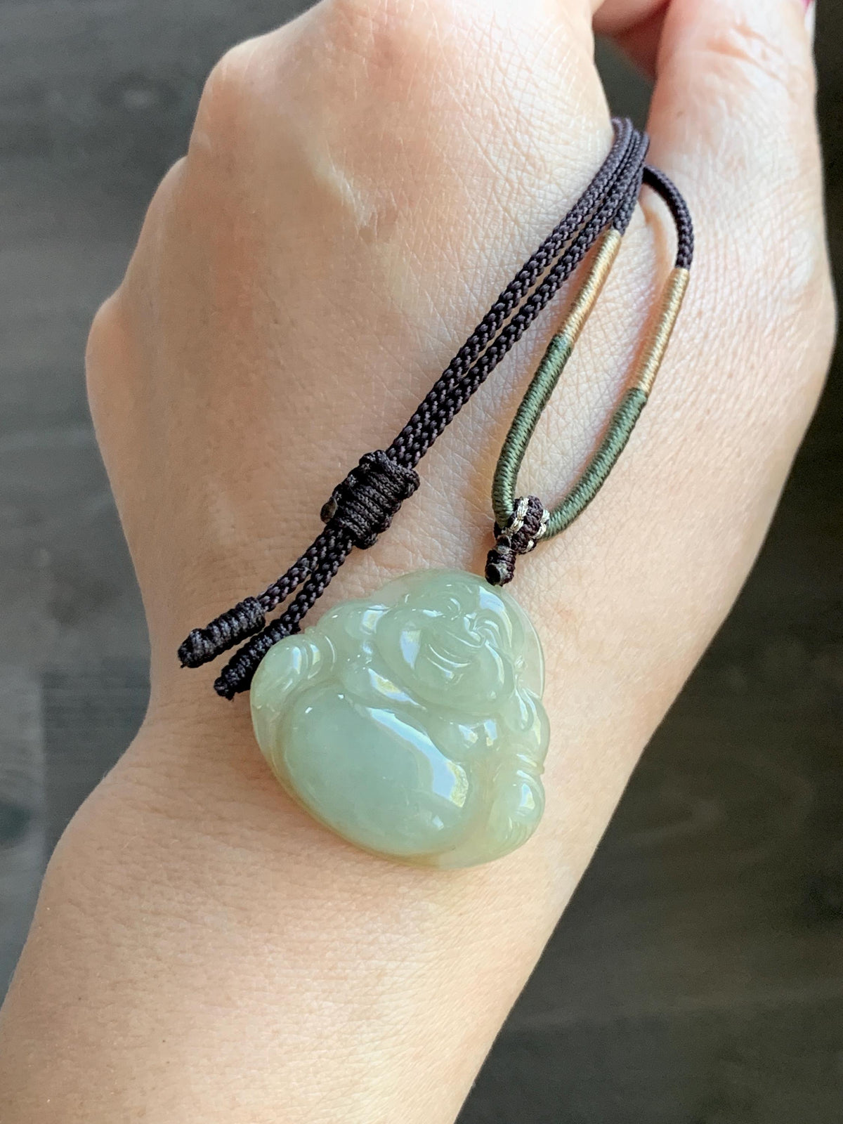 Natural Grade A Icy Translucent Dark Greenish Beige Jade Jadeite Buddha Pendant Rope Necklace 24” 9g 天然冰黄翡翠佛公吊坠 MHF165