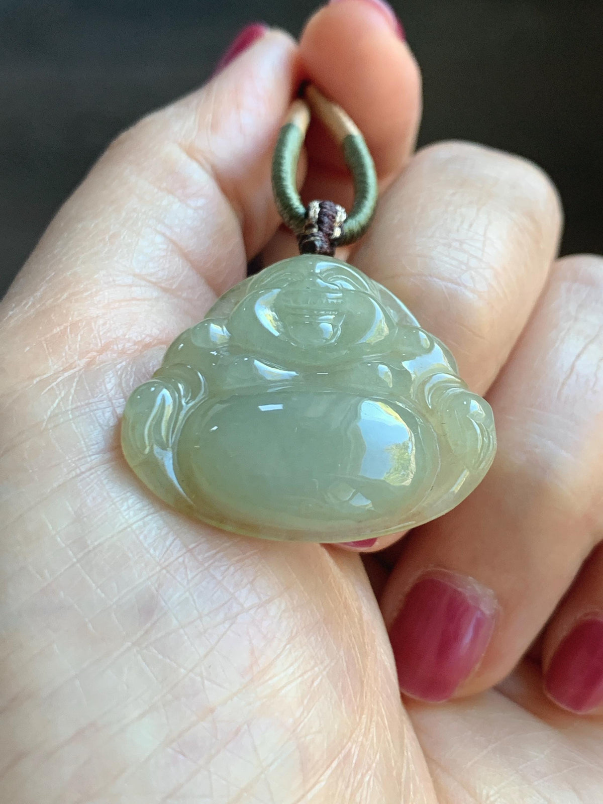 Natural Grade A Icy Translucent Dark Greenish Beige Jade Jadeite Buddha Pendant Rope Necklace 24” 9g 天然冰黄翡翠佛公吊坠 MHF165