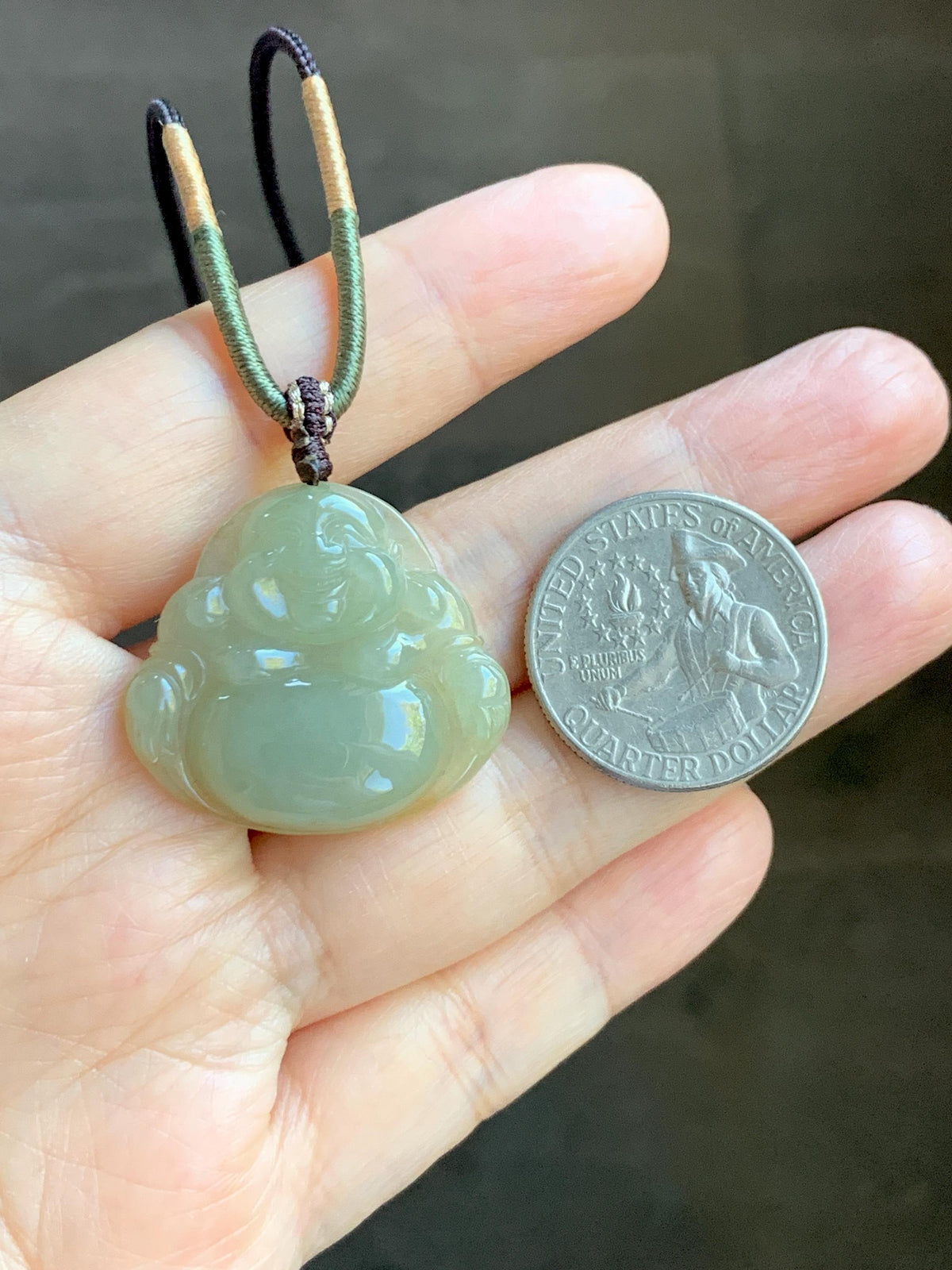Natural Grade A Icy Translucent Dark Greenish Beige Jade Jadeite Buddha Pendant Rope Necklace 24” 9g 天然冰黄翡翠佛公吊坠 MHF165