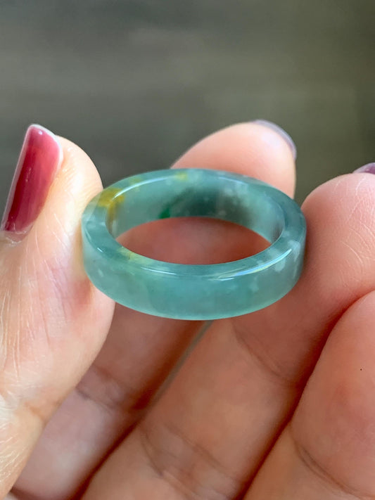 Natural Grade A Guatemalan Icy Translucent Dusty Teal Blue Yellow Marbled Jade Jadeite Square Edged Band Ring Size 8.75 天然冰危蓝黄翡翠角戒戒圈 WLH165B