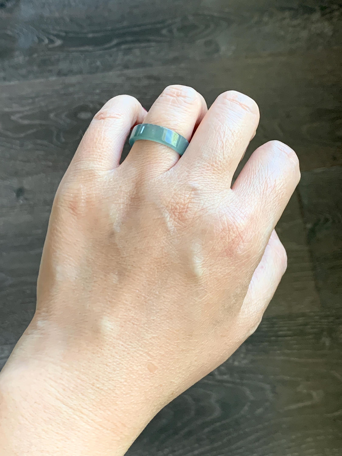 Natural Grade A Guatemalan Icy Translucent Dusty Teal Blue Yellow Marbled Jade Jadeite Square Edged Band Ring Size 8 US 天然冰危蓝黄翡翠角戒戒圈 WLH165A