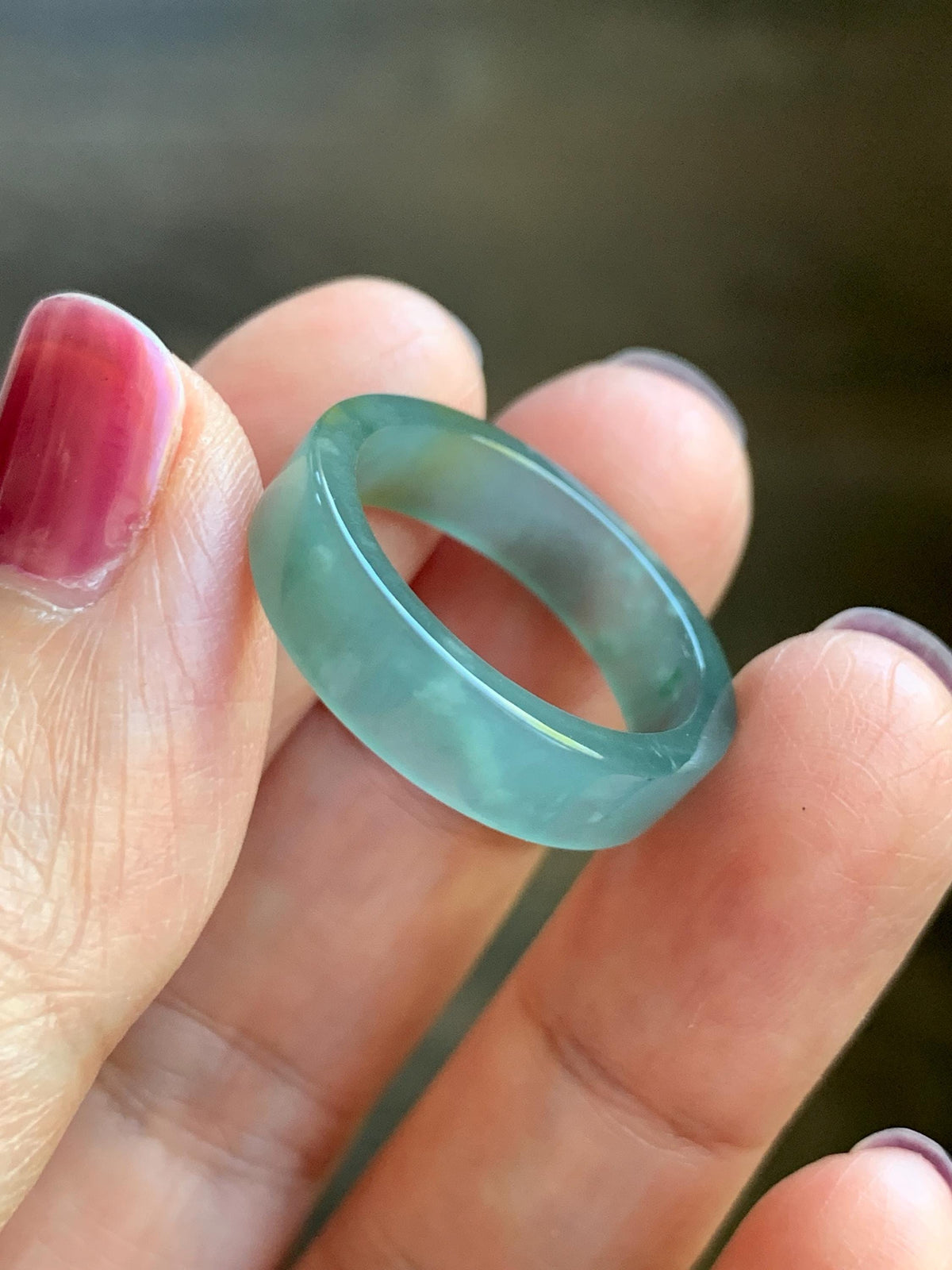 Natural Grade A Guatemalan Icy Translucent Dusty Teal Blue Yellow Marbled Jade Jadeite Square Edged Band Ring Size 8 US 天然冰危蓝黄翡翠角戒戒圈 WLH165A