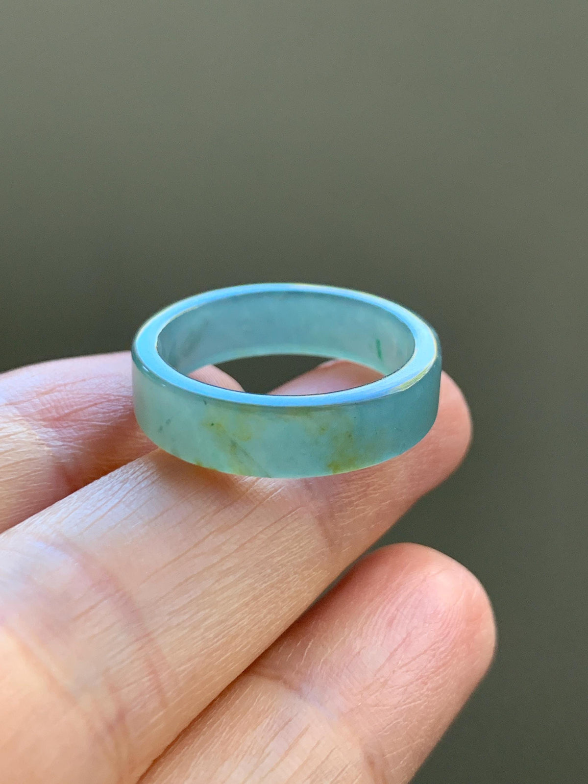Natural Grade A Guatemalan Icy Translucent Dusty Teal Blue Yellow Marbled Jade Jadeite Square Edged Band Ring Size 8 US 天然冰危蓝黄翡翠角戒戒圈 WLH165A