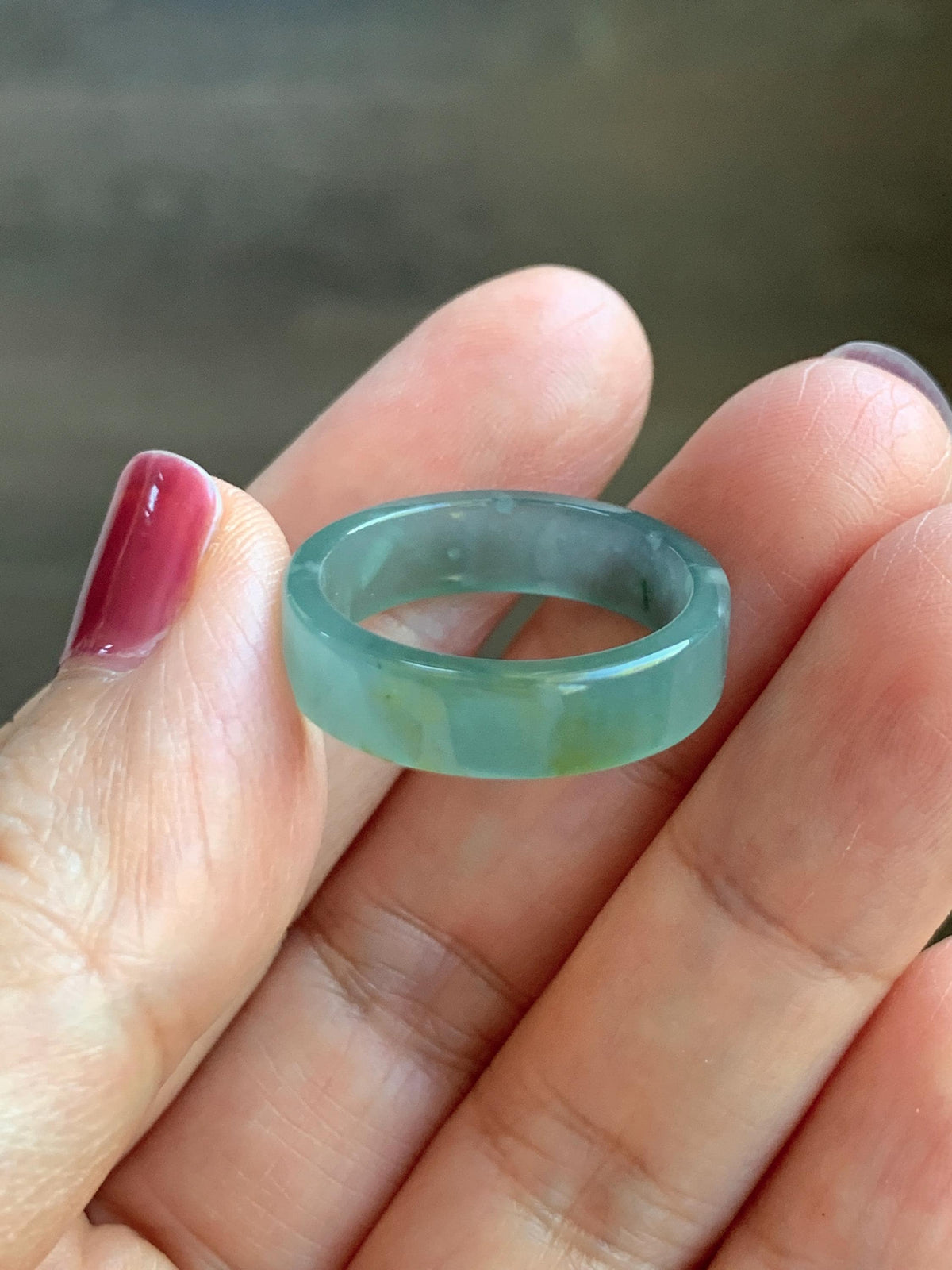 Natural Grade A Guatemalan Icy Translucent Dusty Teal Blue Yellow Marbled Jade Jadeite Square Edged Band Ring Size 8 US 天然冰危蓝黄翡翠角戒戒圈 WLH165A
