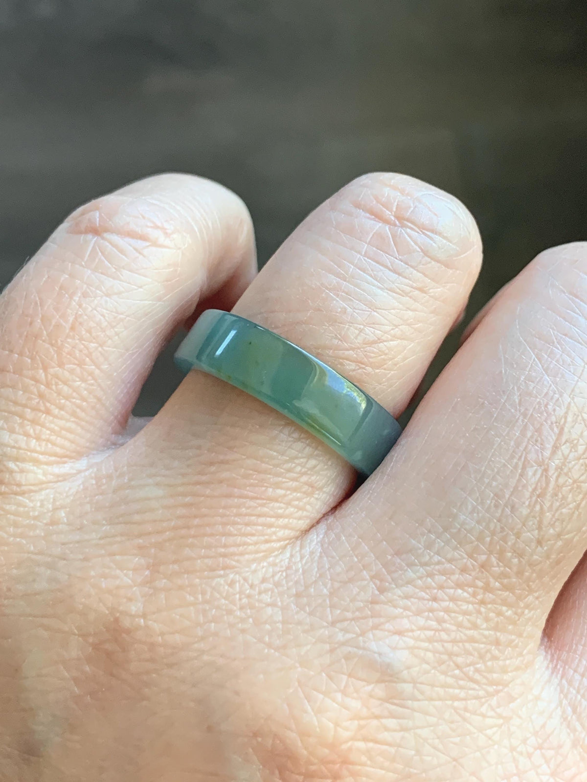 Natural Grade A Guatemalan Icy Translucent Dusty Teal Blue Yellow Marbled Jade Jadeite Square Edged Band Ring Size 8 US 天然冰危蓝黄翡翠角戒戒圈 WLH165A