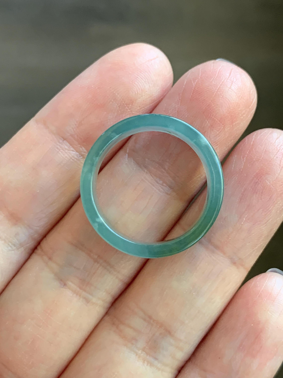 Natural Grade A Guatemalan Icy Translucent Dusty Teal Blue Yellow Marbled Jade Jadeite Square Edged Band Ring Size 8 US 天然冰危蓝黄翡翠角戒戒圈 WLH165A