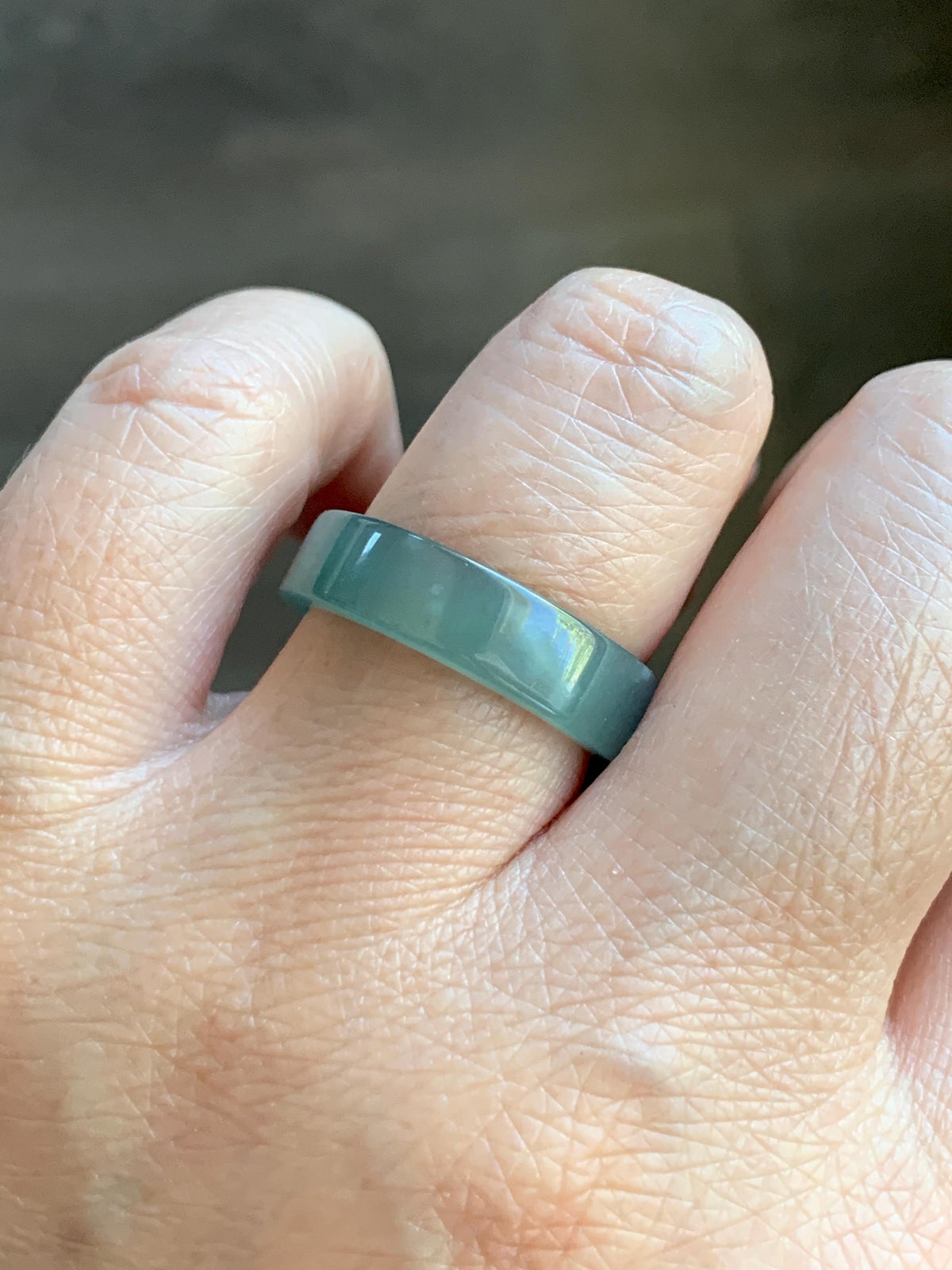 Natural Grade A Guatemalan Icy Translucent Dusty Teal Blue Yellow Marbled Jade Jadeite Square Edged Band Ring Size 8 US 天然冰危蓝黄翡翠角戒戒圈 WLH165A