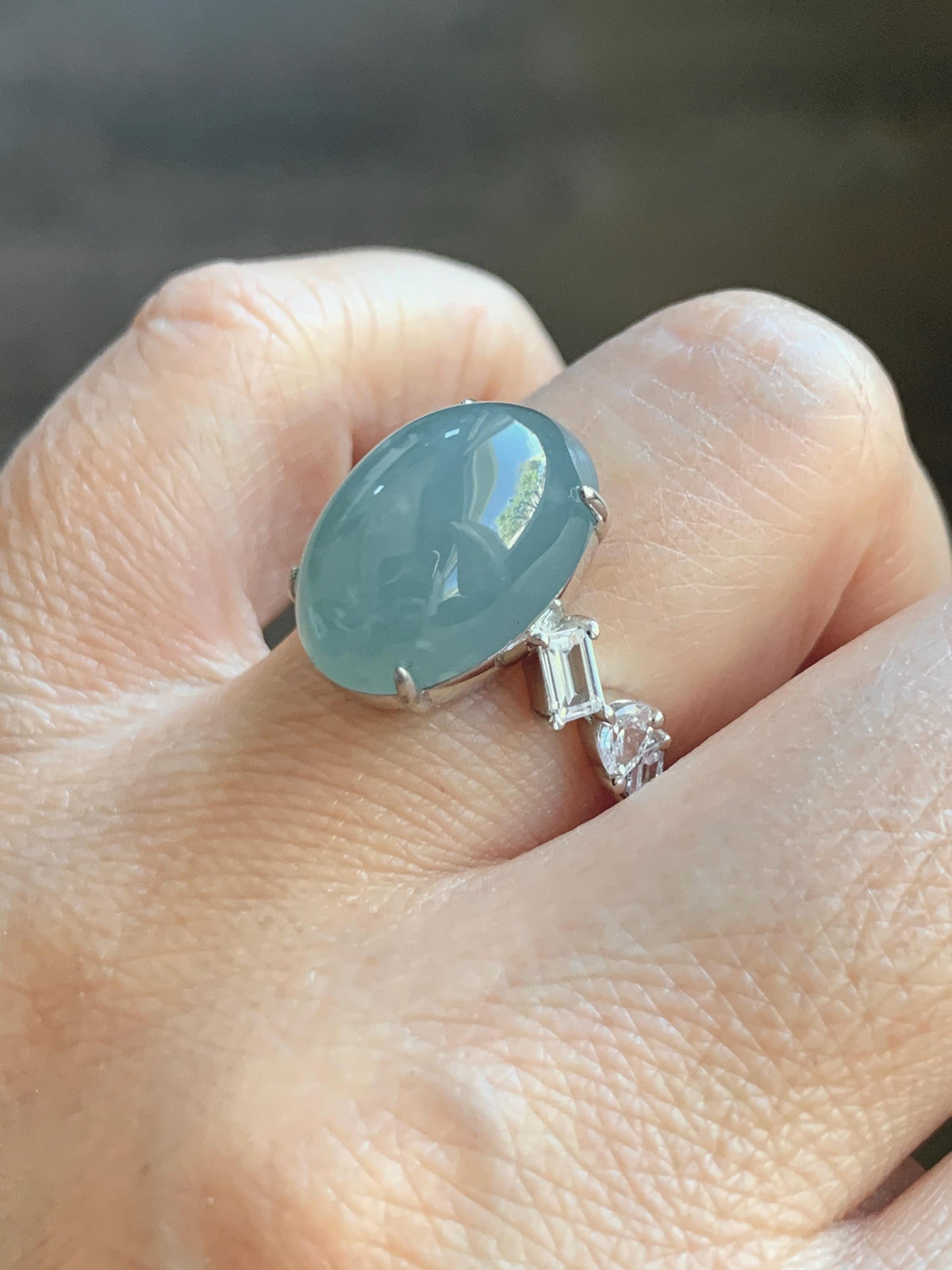 Certified Natural Guatemalan Icy Translucent Dusty Teal Blue Jade Jadeite Large Oval Ring Sterling Silver size 7.5 US 6.3g 天然冰胶危浅蓝翡翠镶嵌戒指1021