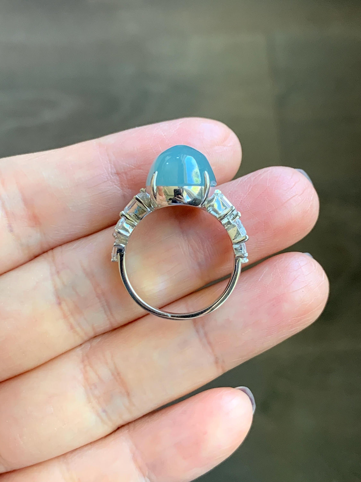 Certified Natural Guatemalan Icy Translucent Dusty Teal Blue Jade Jadeite Large Oval Ring Sterling Silver size 7.5 US 6.3g 天然冰胶危浅蓝翡翠镶嵌戒指1021