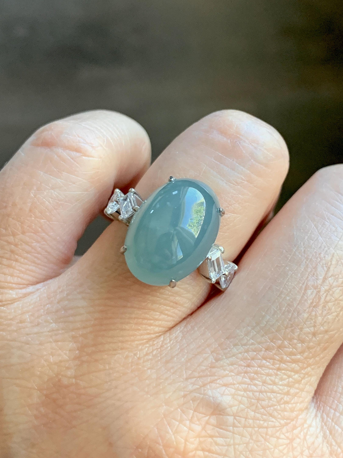 Certified Natural Guatemalan Icy Translucent Dusty Teal Blue Jade Jadeite Large Oval Ring Sterling Silver size 7.5 US 6.3g 天然冰胶危浅蓝翡翠镶嵌戒指1021