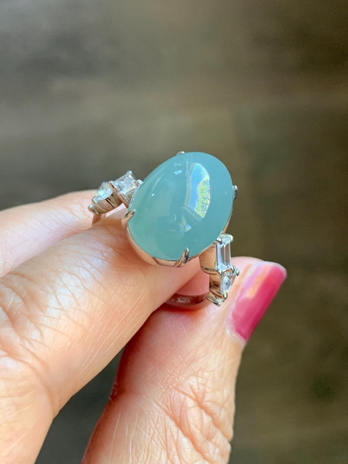 Certified Natural Guatemalan Icy Translucent Dusty Teal Blue Jade Jadeite Large Oval Ring Sterling Silver size 7.5 US 6.3g 天然冰胶危浅蓝翡翠镶嵌戒指1021