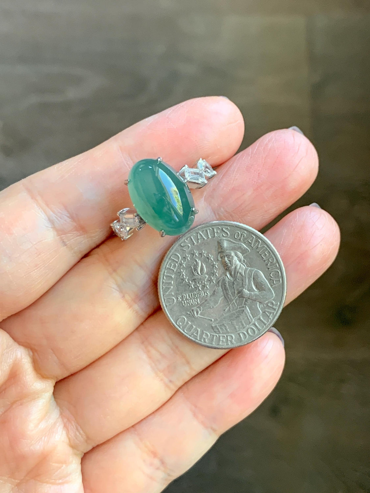 Certified Natural Guatemalan Icy Translucent Dark Teal Green Jade Jadeite Large Oval Ring Sterling Silver size 7.25 US 5.2g 天然冰胶危蓝绿翡翠戒指 1030