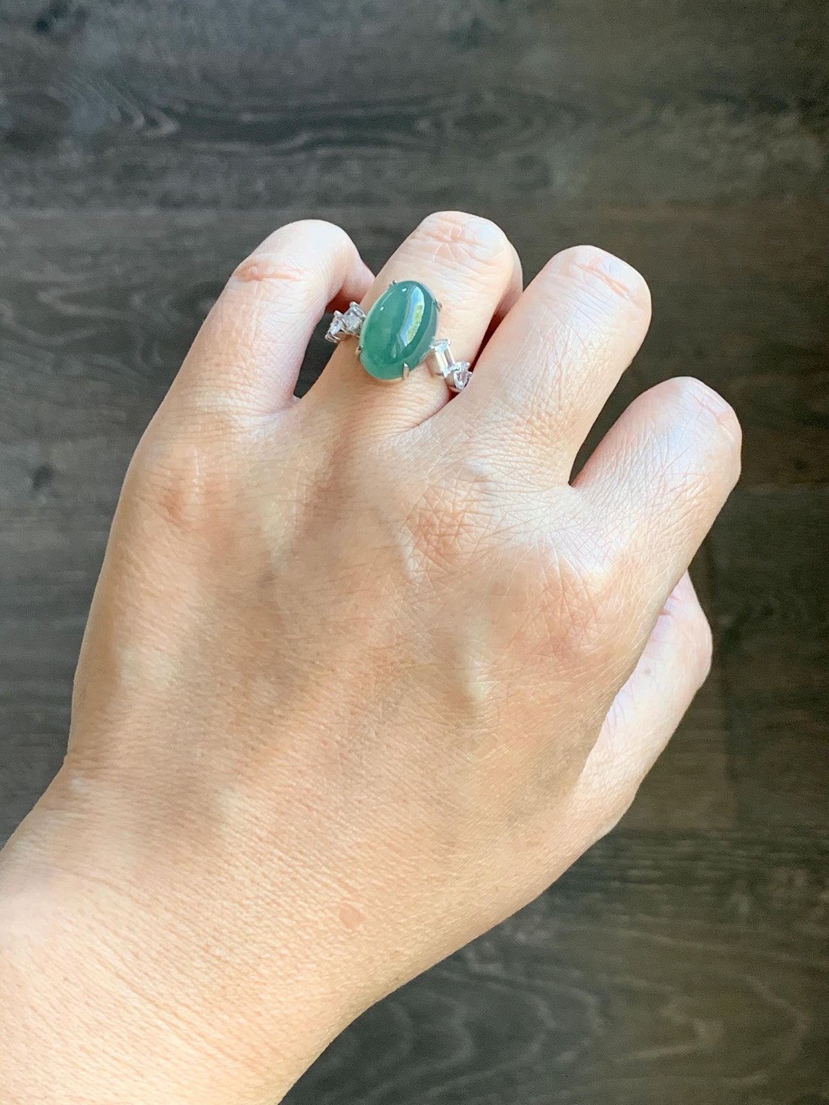 Certified Natural Guatemalan Icy Translucent Dark Teal Green Jade Jadeite Large Oval Ring Sterling Silver size 7.25 US 5.2g 天然冰胶危蓝绿翡翠戒指 1030