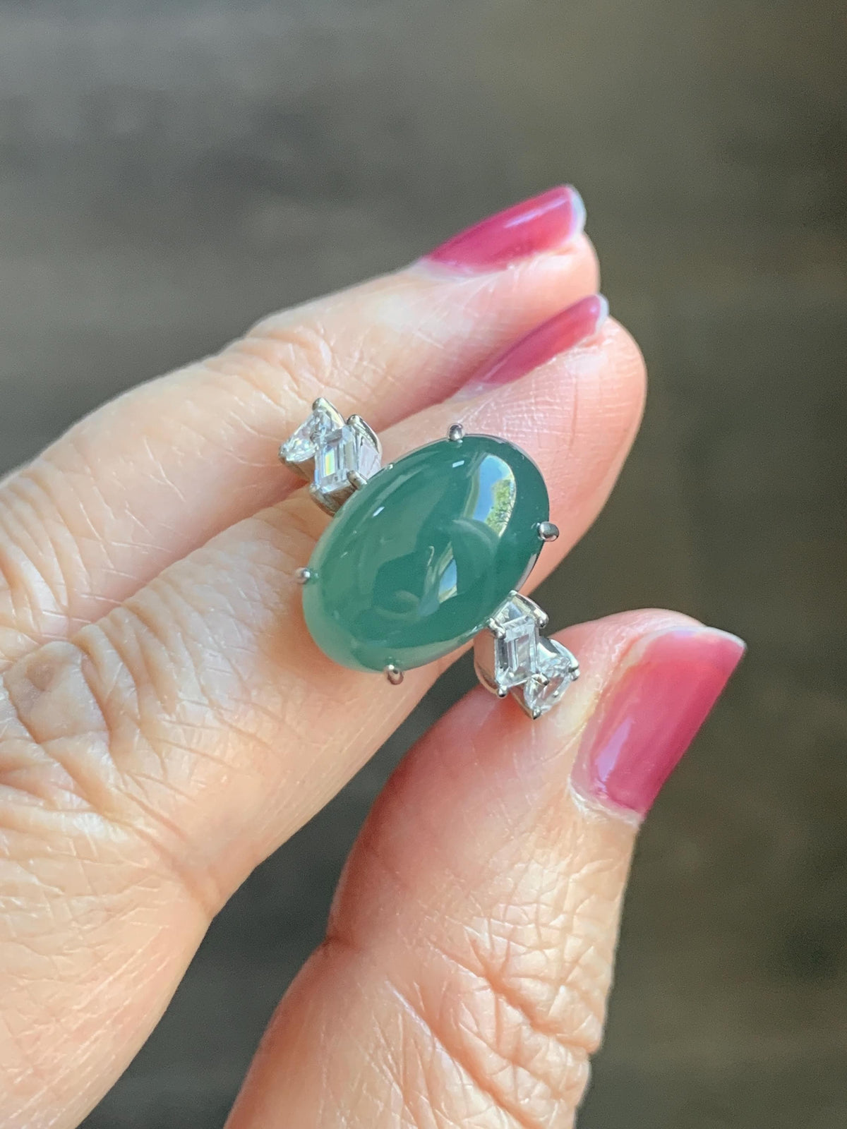 Certified Natural Guatemalan Icy Translucent Dark Teal Green Jade Jadeite Large Oval Ring Sterling Silver size 7.25 US 5.2g 天然冰胶危蓝绿翡翠戒指 1030
