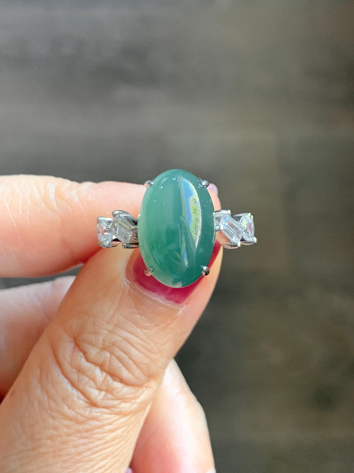 Certified Natural Guatemalan Icy Translucent Dark Teal Green Jade Jadeite Large Oval Ring Sterling Silver size 7.25 US 5.2g 天然冰胶危蓝绿翡翠戒指 1030