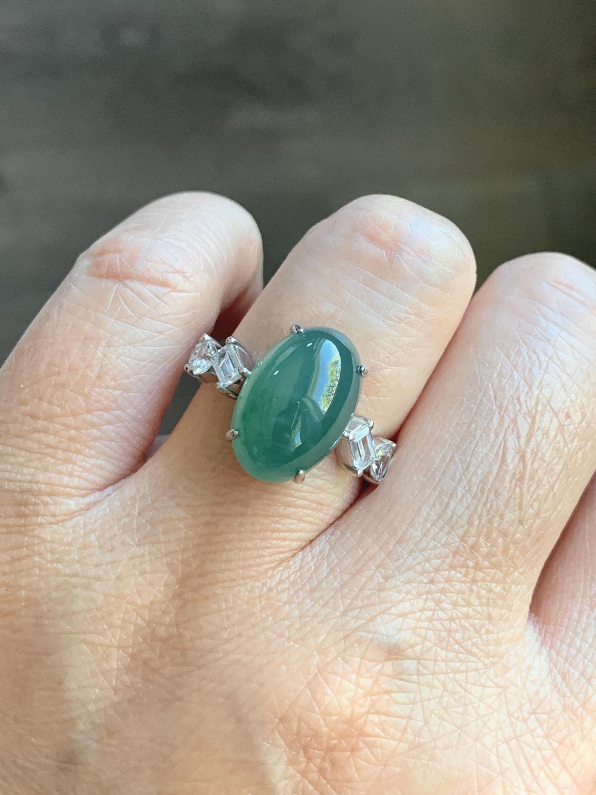 Certified Natural Guatemalan Icy Translucent Dark Teal Green Jade Jadeite Large Oval Ring Sterling Silver size 7.25 US 5.2g 天然冰胶危蓝绿翡翠戒指 1030