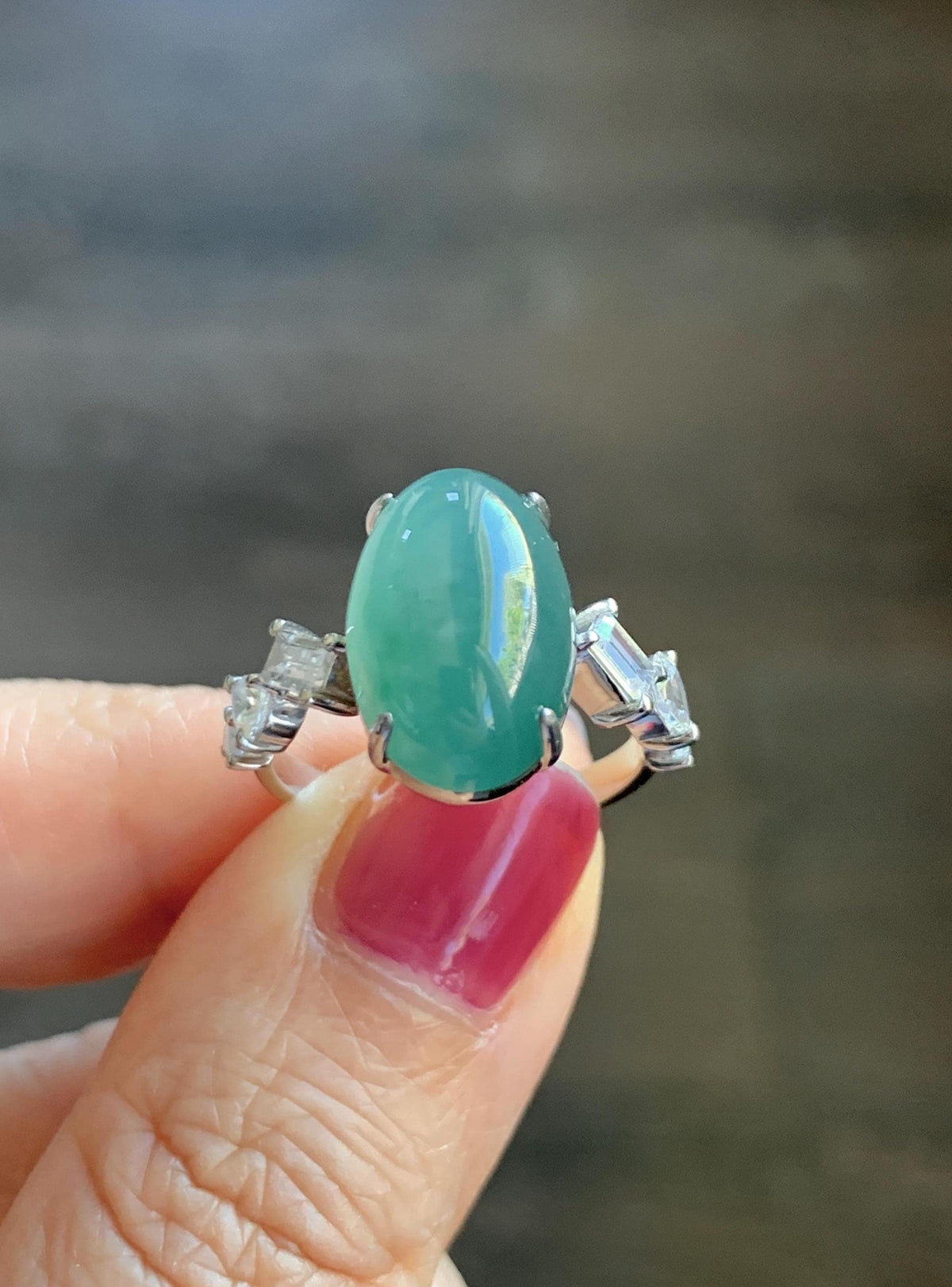 Certified Natural Guatemalan Icy Translucent Dark Teal Green Jade Jadeite Large Oval Ring Sterling Silver size 7.25 US 5.2g 天然冰胶危蓝绿翡翠戒指 1030