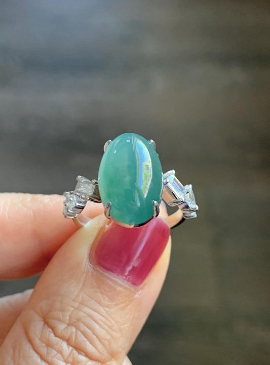 Certified Natural Guatemalan Icy Translucent Dark Teal Green Jade Jadeite Large Oval Ring Sterling Silver size 7.25 US 5.2g 天然冰胶危蓝绿翡翠戒指 1030